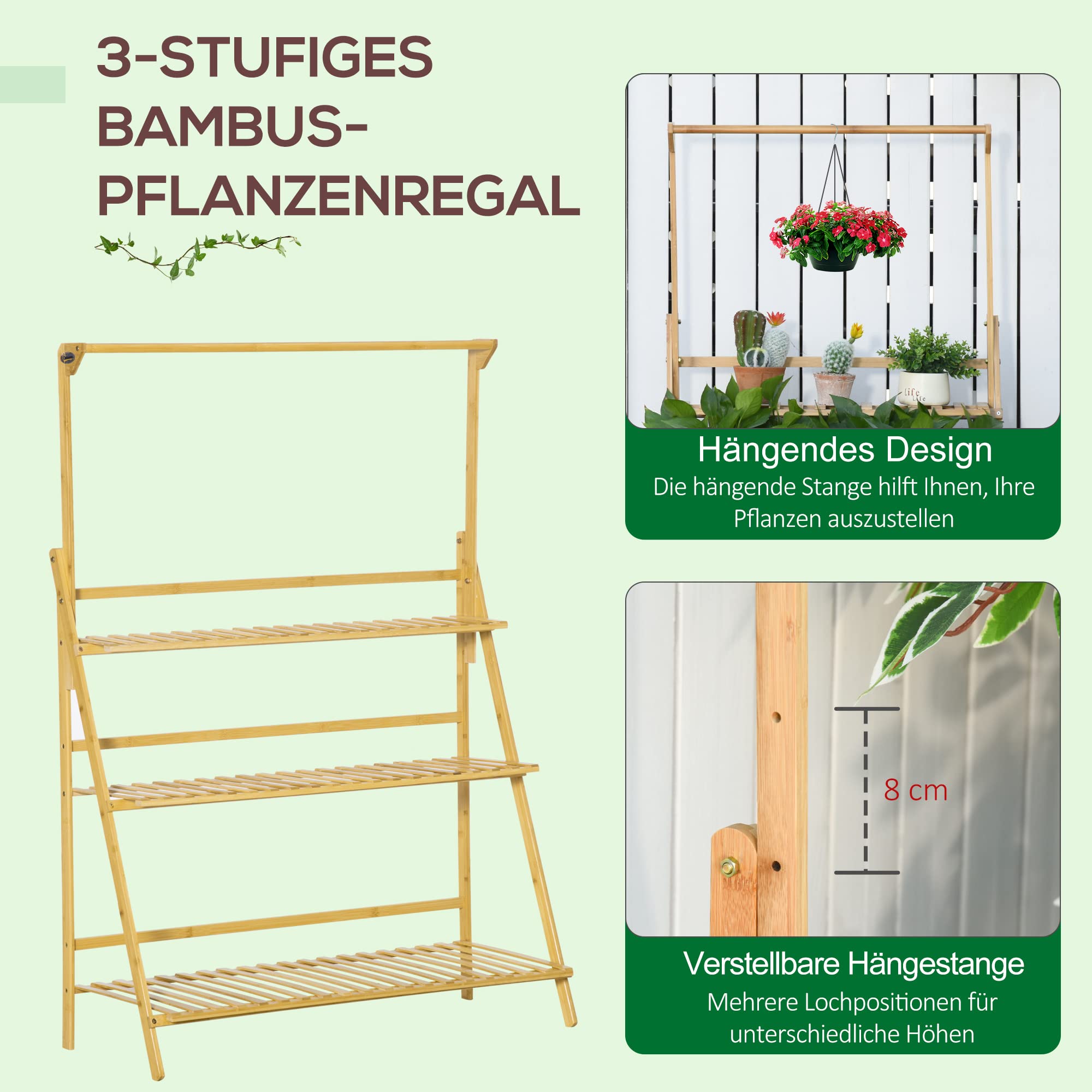 Outsunny Blumentreppe Einstellbare Hängehöhe Natur 100 x 40 x 143 cm | Aus Holz, Pflanzenständer, Leiterregal, Blumenständer, Hängende Bamboo, Innen Draußen