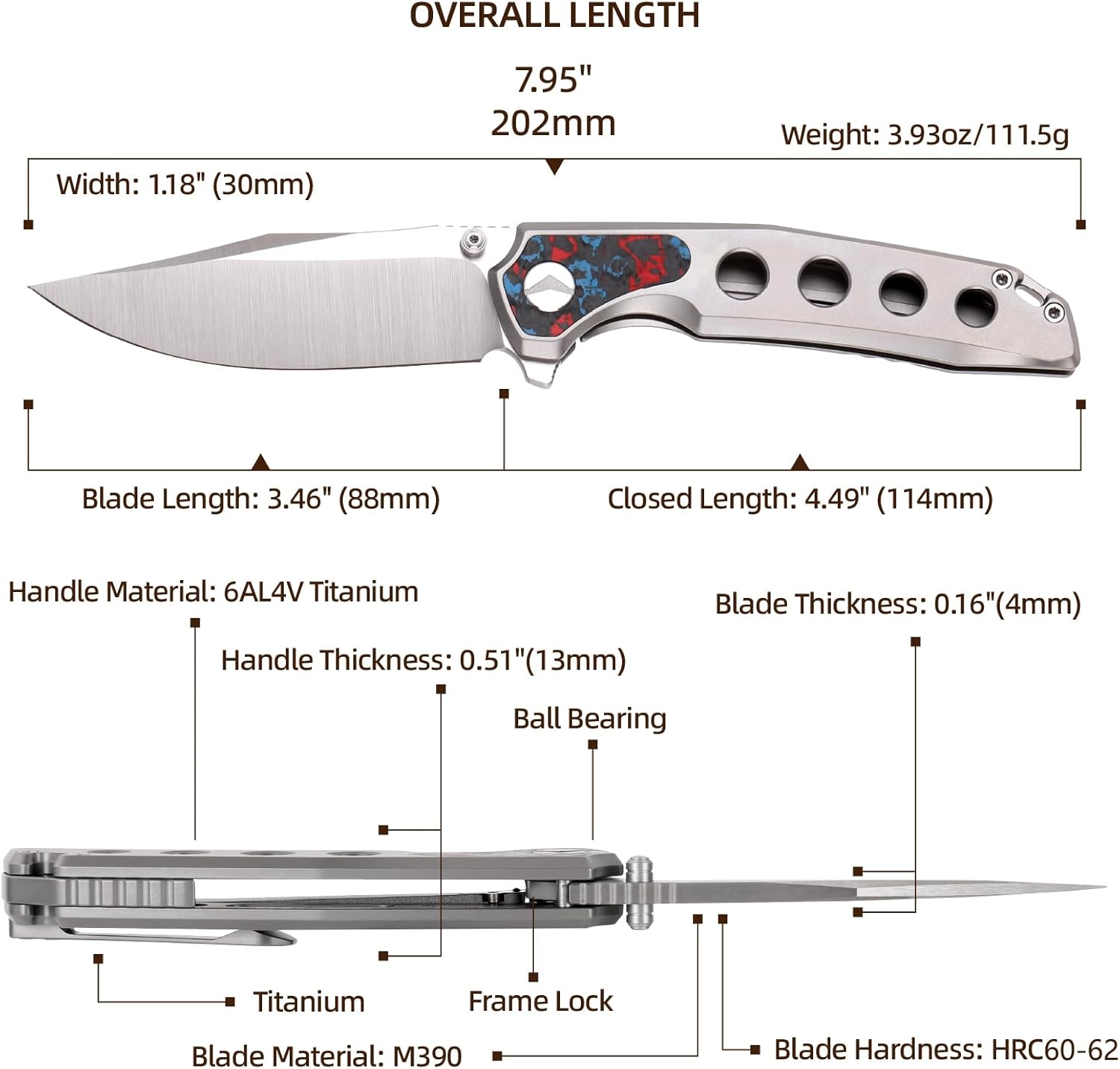 Folding Knife,Pocket Knife,3.46" Razor Sharp M390 Blade Survival Knife with Titanium Handle and Pocket Clip,EDC Knives for Hunting Camping Survival Outdoor Fishing Hiking-Grey&Red
