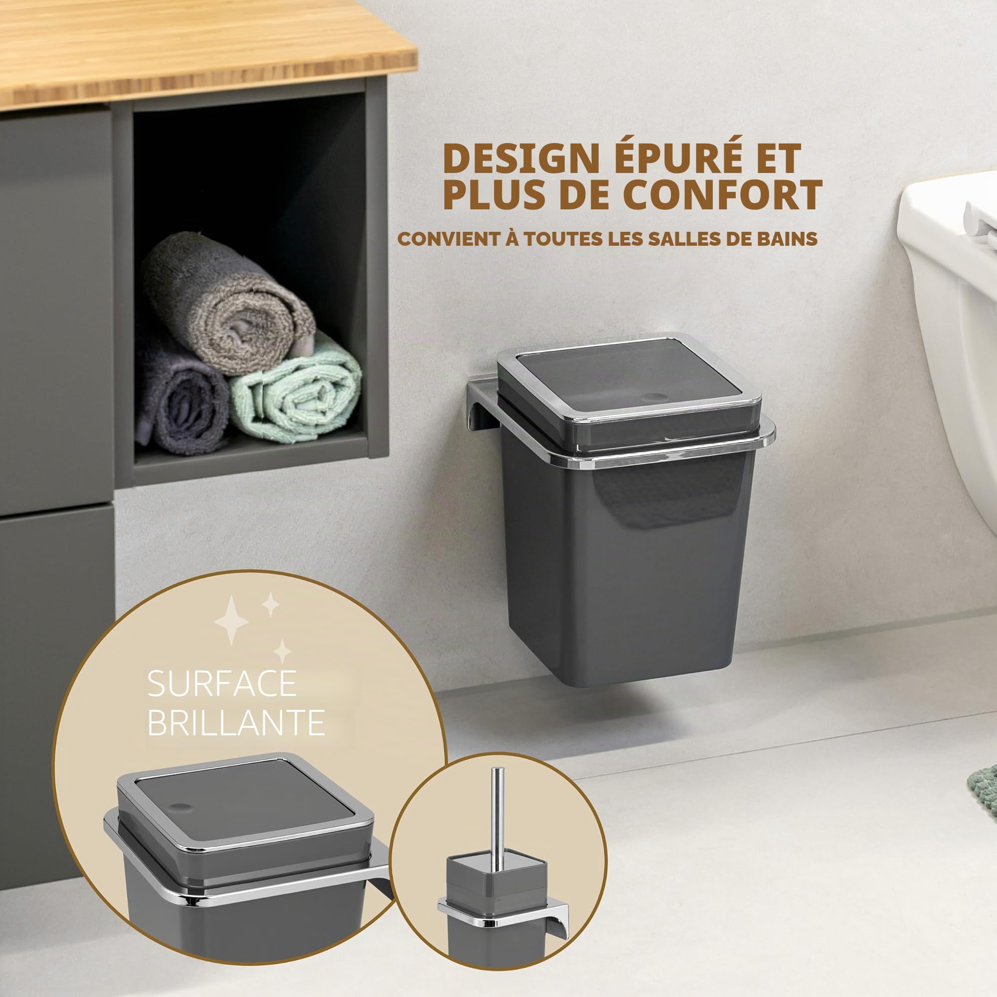 bremermann Savona Ensemble de Salle de Bain 2 pièces avec Poubelle de Salle de Bain 6 l et Brosse WC avec Support Mural carré (Plastique-Gris)