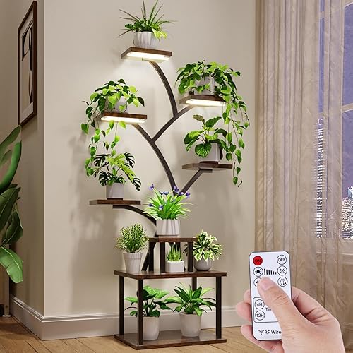 Soporte para plantas de interior con luces de crecimiento, estante de exhibición de plantas de interior de 8 niveles, estante esquinero de 61