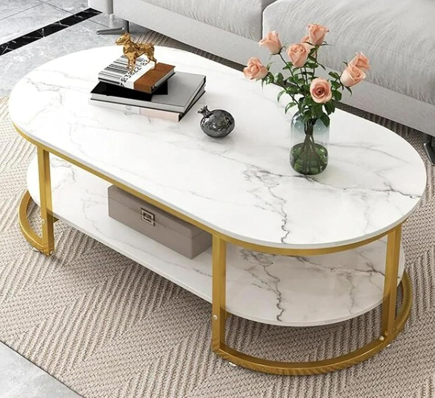 Modern Oval Coffee Table for Living Room | 2-Tier Center Table for Home Furniture | Contemporary Simple Coffee Cocktail Table with Marble Desktop and Gold Metal Frame (Gold White)-image-7