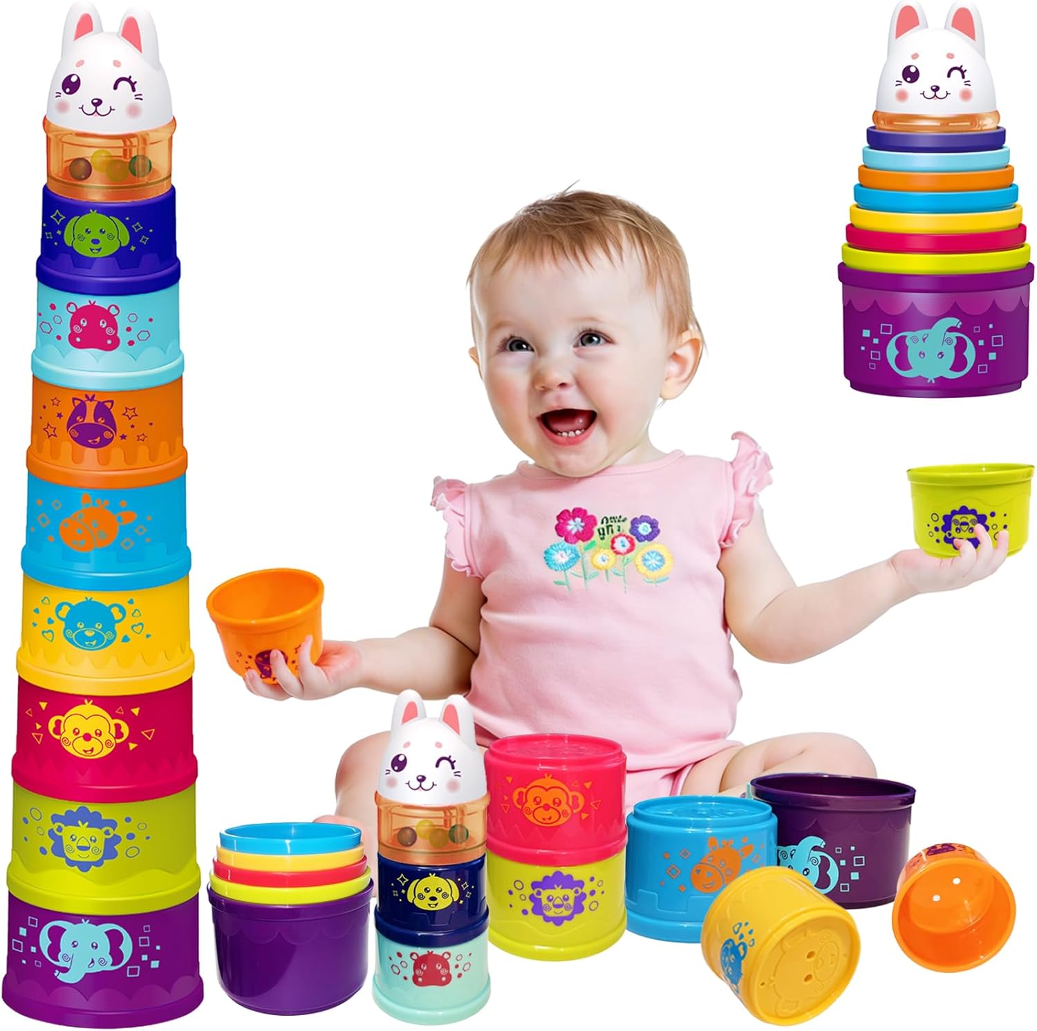 WEEJOYGAM Stacking Cups for Babies 6-12 Months, Baby Stacking Toys for Toddlers 1-3 Easter Basket Stuffers, Nesting Color Stack Blocks Stackable Montessori Toys for 1 2 Year Old Girl Boy Birthday Gift