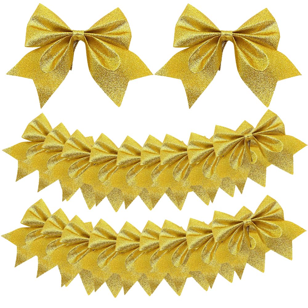 Ruolin Lazos de Navidad para Árbol 20 Piezas, Lazos de Lentejuelas con Purpurina Dorado Lazos Grandes para Árbol de Navidad para Fiesta de Árbol de Navidad