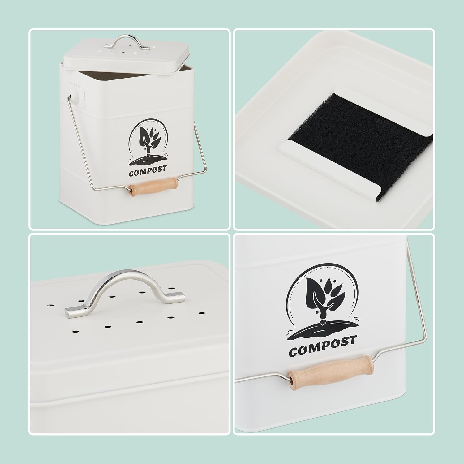 Relaxdays Kitchen Compost Bin, 6 litres, Small Rubbish Bin, Lid and Odour Filter, Metal, Waste Bin, Organic Waste, White