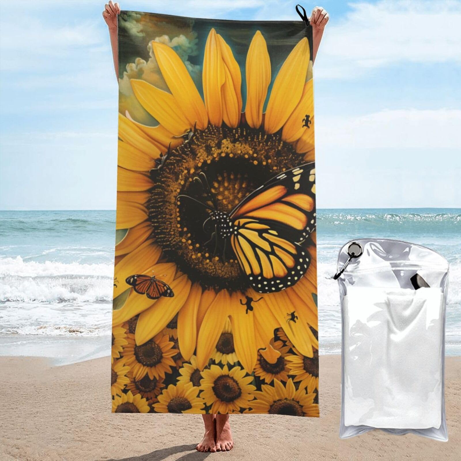 Microfiber Beach Towel, butterfly and sunflower Printed Lightweight Quick Dry Travel Bath Sheet with Compact Carry Bag for Swimming Yoga Camping Gym,31.5"x63"