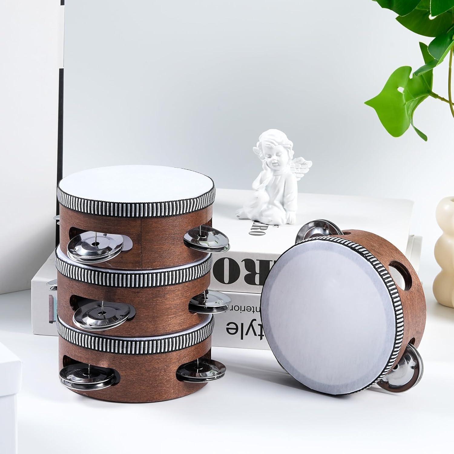 12 Set 4 Inch Wooden Tambourine for Adults, Hand Held Percussion Drum with Metal Jingles, Musical Educational Drums Instrument for Church Wedding Party Games (WalnutWood)