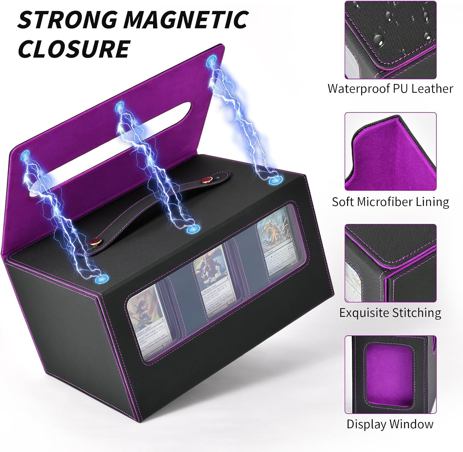 Commander Deck Box for MTG, Trading Card Storage Box Holds 600+ Double-Sleeved Cards, 7 IN 1 Removable Card Case with Dice Tray, Magnetic Card Holders for TCG/EDH/Sports Cards (Black Purple)