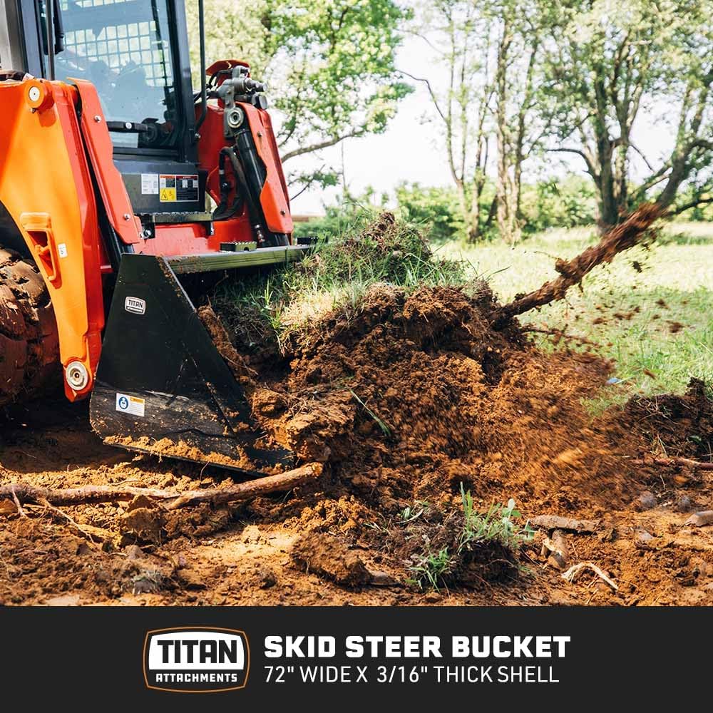 Titan Attachments 72" Skid Steer Dirt Bucket, 3/16" Thick Structural Steel, Universal Quick Tach Material Bucket with Reinforced Gussets for Transporting Dirt, Mulch, Rocks, Debris, Snow