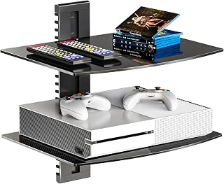 WALI Floating TV Shelf 2-Tier Tempered Glass Wall Mount for DVD Players, Game Consoles, Routers - 17.6lbs Capacity, Black (CS202B)