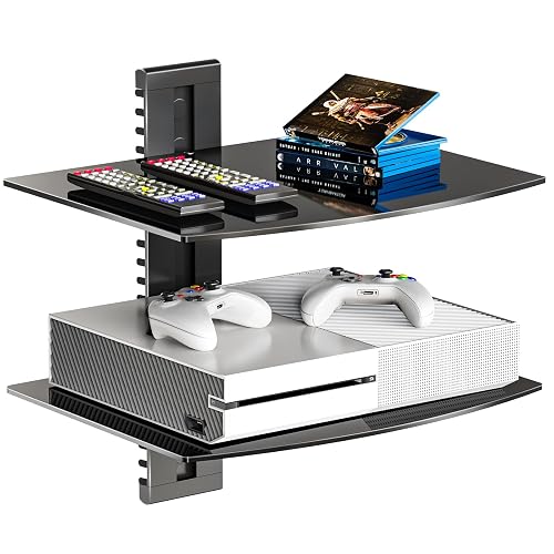 WALI 2 Tier Glass Floating TV Wall Shelf for Projector, DVD Players | Projector Shelf for Routers, Game Consoles, Cable Boxes, Wall Mount Shelves Hold Up to 17.6lbs(CS202B), 2-Shelf, Black - Glass Black - 2 - 15 x 11 Inch
