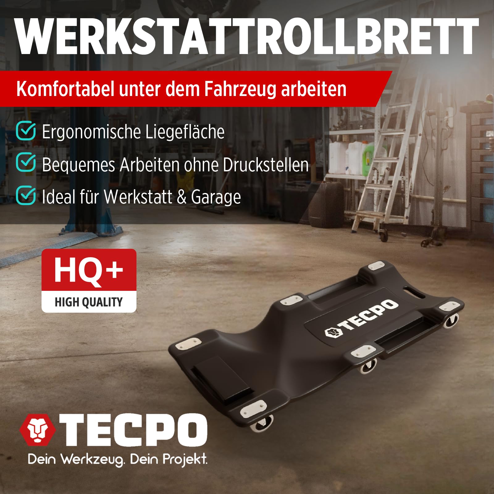TECPO Werkstattrollbrett 1030 mm lang + Werkstatthocker 120 kg Montageliege Rollsitz 360 Grad drehbar