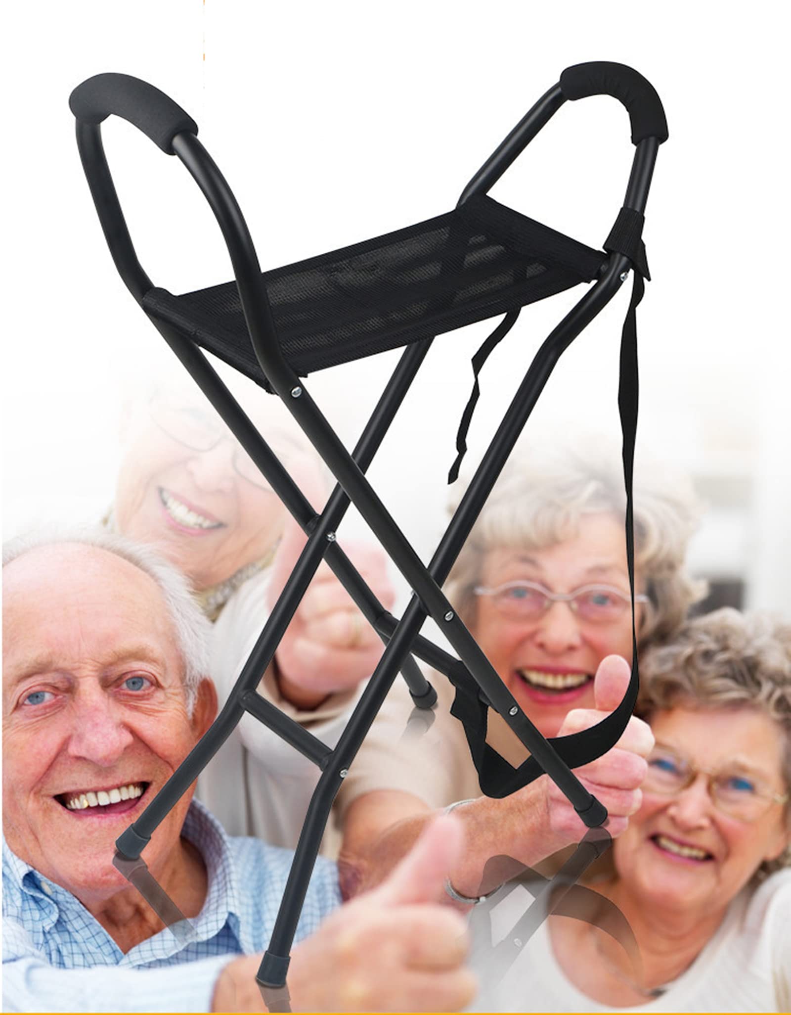 Bastón plegable con asiento de bastón con 2 asas y 4 patas, silla portátil de aluminio para ancianos, camping, taburete de viaje