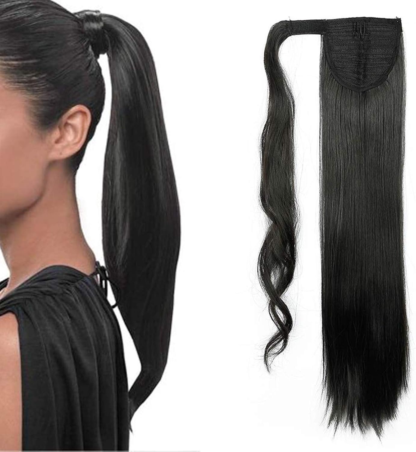 Silk-co 26" Natural Black Ponytail Hair Extension Clip in on Pony Tail Synthetic Straight Hairpiece, 26 Inch