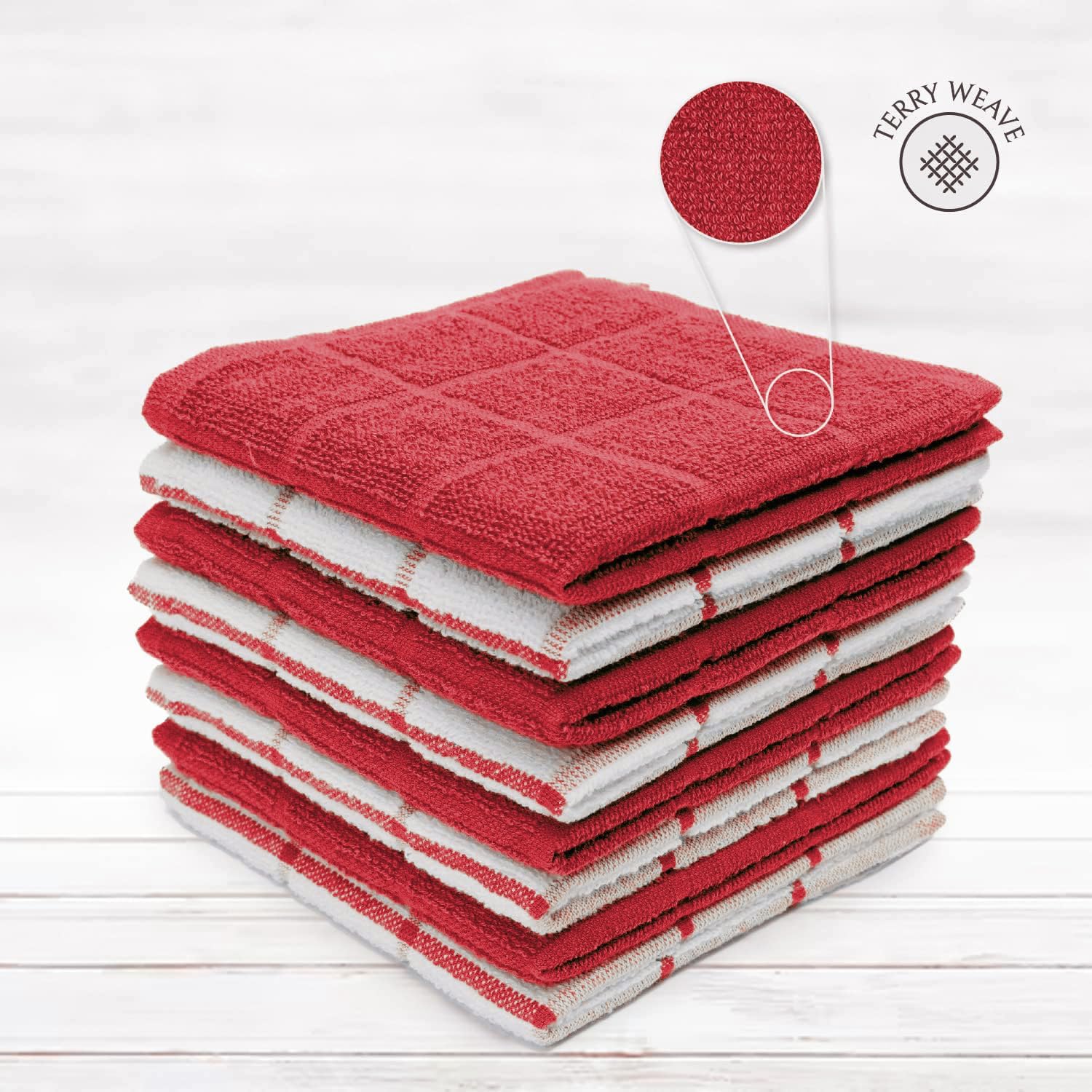 100% Cotton Terry Dish Cloth & Dish Towel, 8 Pack, Super Soft and Absorbent Kitchen Towels, Perfect for Kitchen Cleaning and Dish Washing (RED (Solid and Checks) 8 Pack) - Image 3