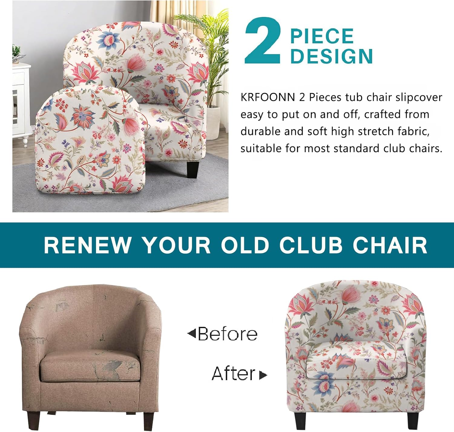 KRFOONN Club Chair Slipcover 2 Piece Stretch Printed Round Barrel Chair Covers Removable Tub Chair Slipcover with Elastic Bottom Chair Coverings Furniture Protector Cover for Living Room, B45
