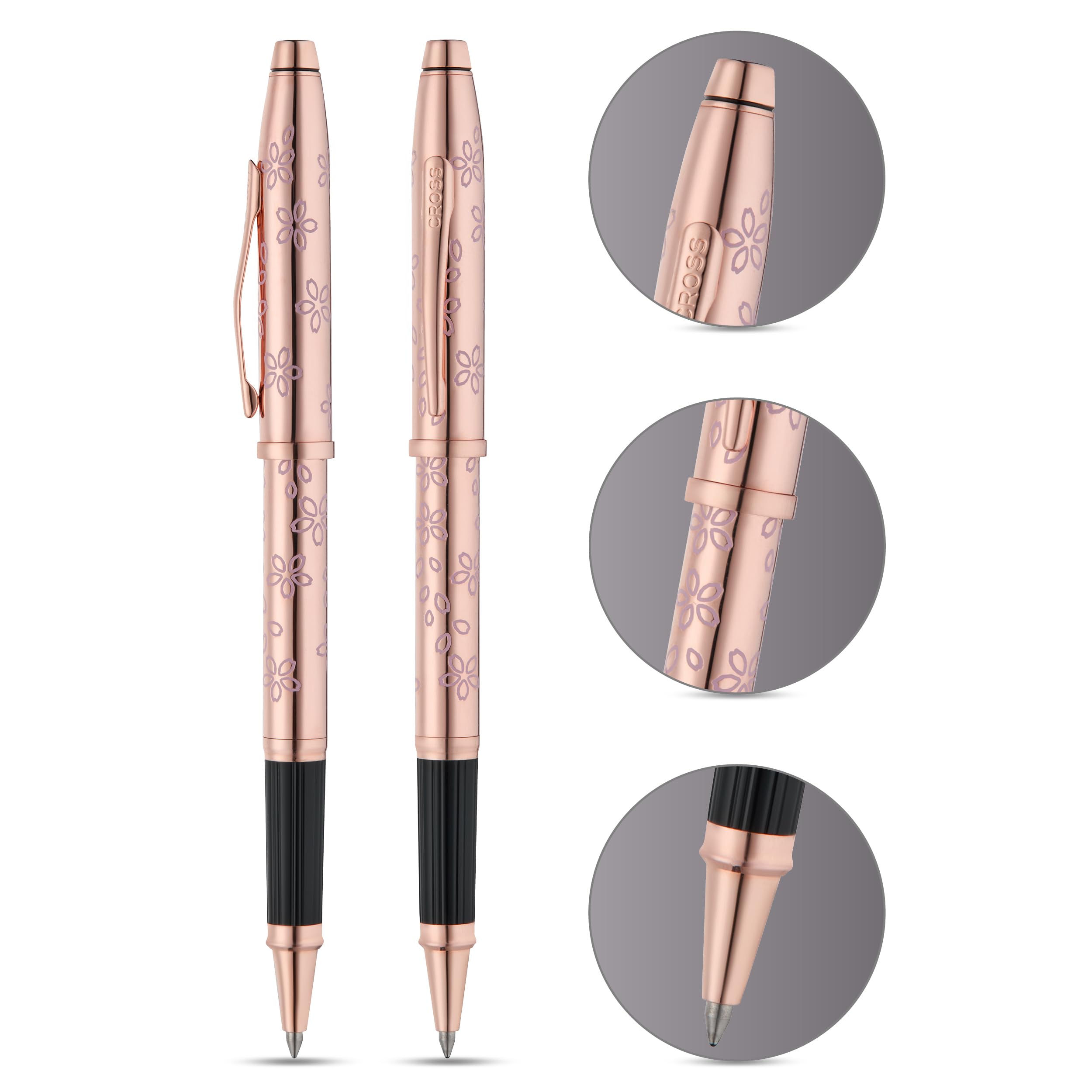 Cross Century II Cherry Blossom Stylo roller (trait M, couleur de l'encre : noir, avec boîte cadeau de qualité supérieure) Laqué or rose, ferrures en acier inoxydable plaqué or rose