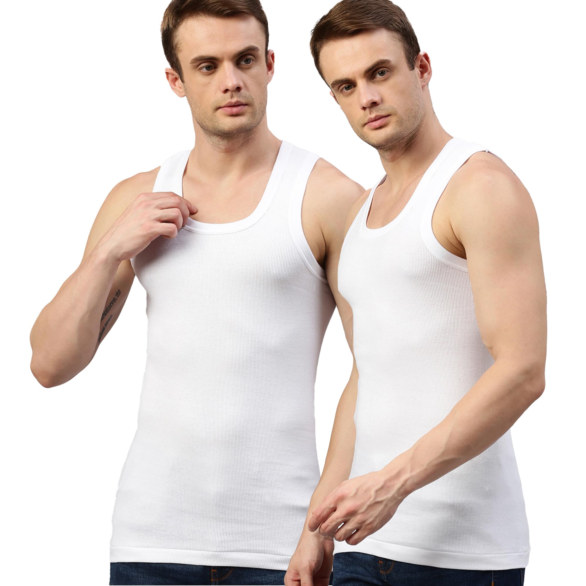 by macho men's pure cotton solid vest white pack of 2