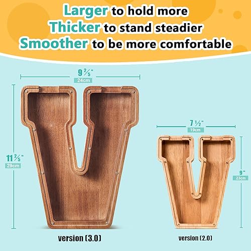 Miniatura 477 de SummiDate Alcancía de madera con nombre, niños y niñas, tamaño grande, letras alfabeto A-Z, monedas y billetes, inicial en cubierta transparente