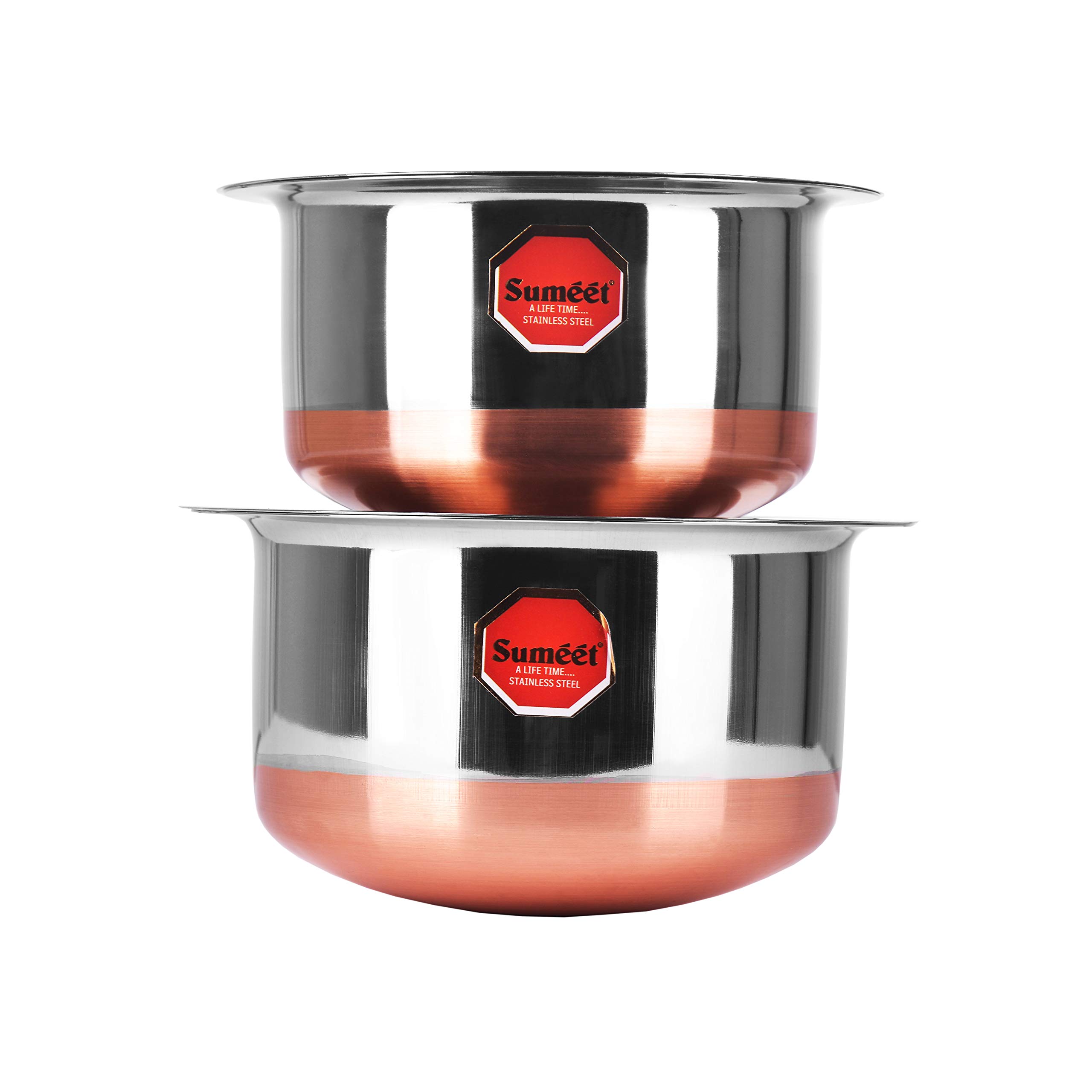 Sumeet Stainless Steel Copper Bottom Cookware/Container/Tope Set Of 2 Pcs With Lids (No. 10-1 Ltr, No. 11-1.4 Ltr)