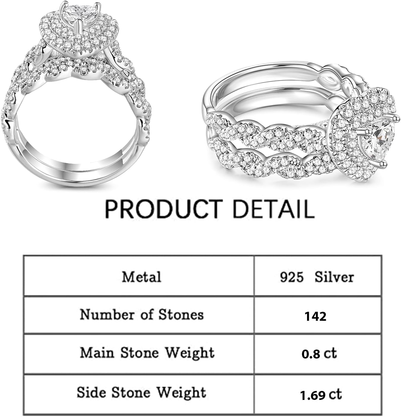 Jeulia 2pcs Heart Cut Engagement Ring Set for Women; 925 Sterling Silver Promise Ring for her Simulated Diamond Twisted Anniversary Wedding Ring Band Enhancer Bridal Sets with Jewelry Gift Box