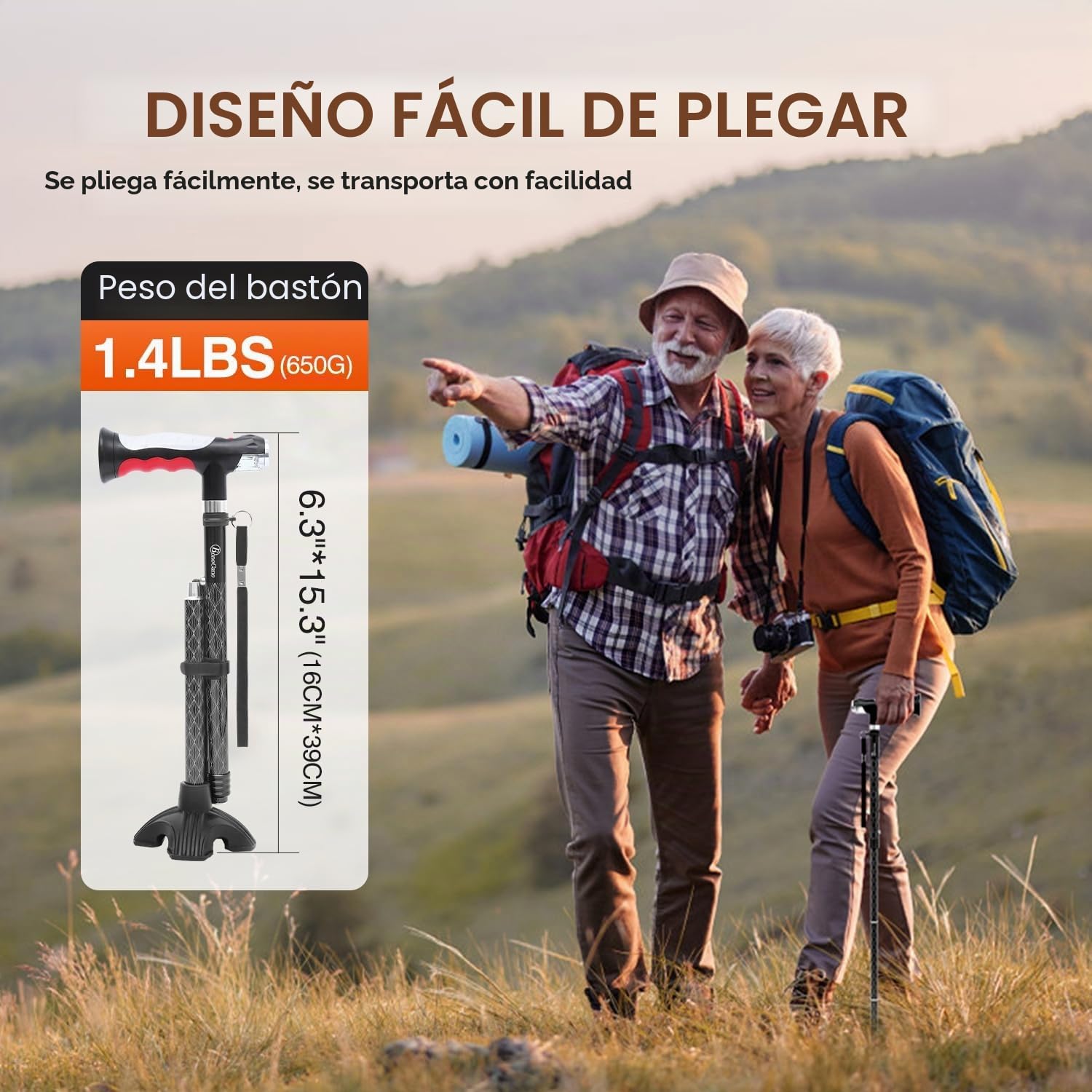 BeneCane Bastón con Dos Luces LED para Hombres y Mujeres, bastón de Altura Ajustable con Base Estable, bastón Plegable con Mango en T, Ligero, Ayuda a Caminar a los Ancianos