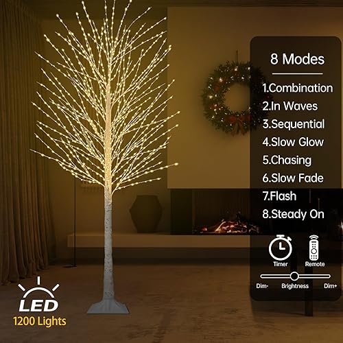 Miniatura 3 de Árbol de abedul iluminado de 2.1 m con 1200 luces LED de color blanco cálido, 8 modos, árbol de Navidad con ramas preiluminadas, control remoto con