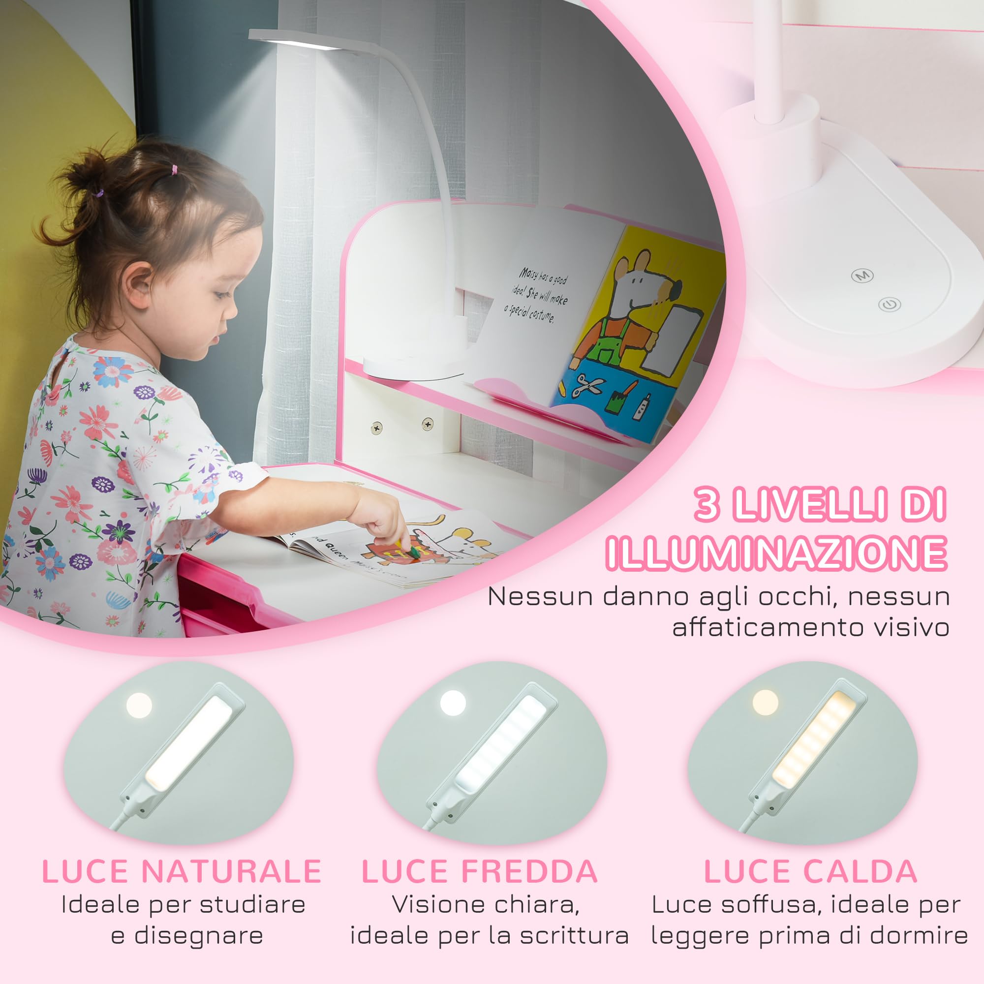 HOMCOM Set Scrivania e Sedia per Bambini 6-12 Anni Regolabili in Altezza, Banco Scuola con Piano Inclinabile 45°, Lampada, Cassetto, Scaffale, Portapenne e Leggio, in Acciaio e MDF, Rosa