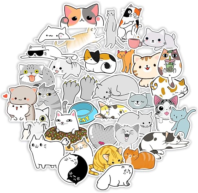 GEELBS Small Size Scrapbook Stickers, 50pcs Boxed DIY Decoration Super Cute Cats Stickers, Waterproof Vinyl Stickers for Laptop, DIY Keyboard, Skateboard, Suitcase, Diary(Sweet Cats, 50packs)