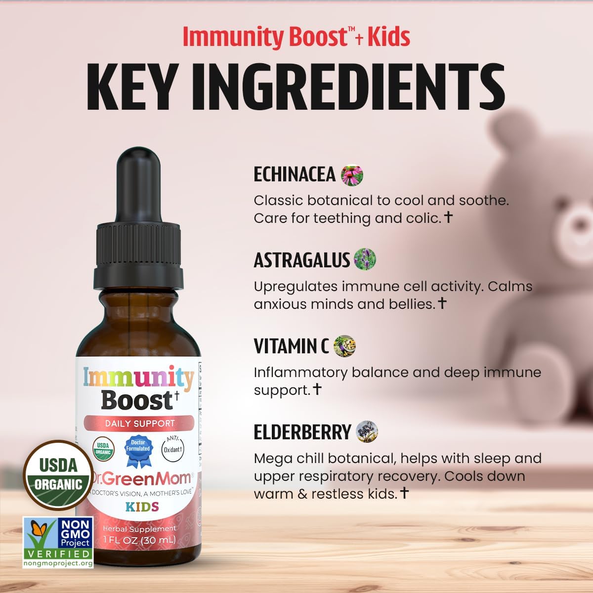 Dr. Green Mom Immunity Boost - Herbal Immune Support Supplement for Babies, Toddlers and Children - Liquid Drops with Organic Echinacea, Elderberry, Astragalus & Vitamin C