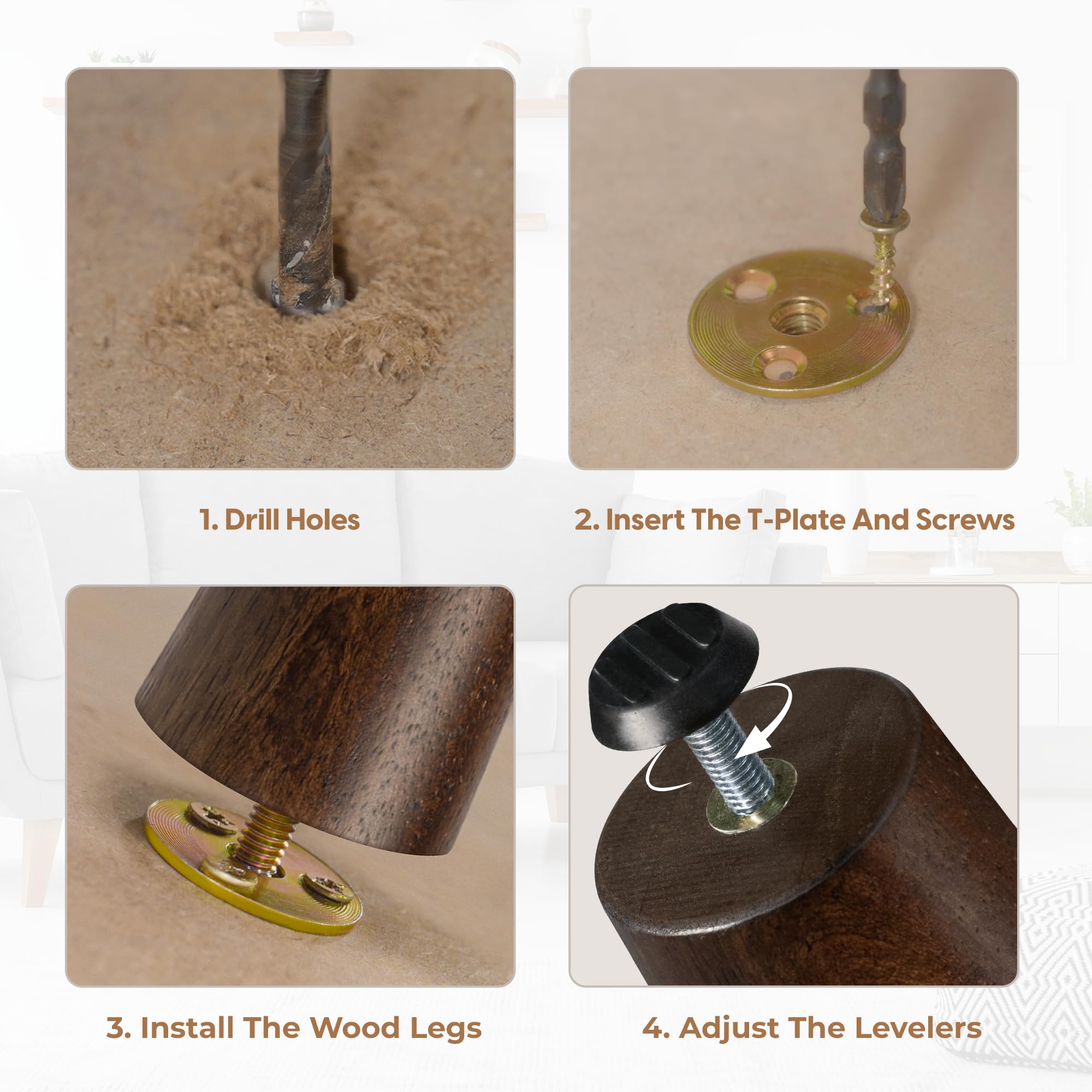 Yes4All 8 Inches Round Wood Furniture Legs Set of 4 - Wooden Replacement Feet for Couch, Bed, Bench - Adjustable Sofa, Ottomans Tapered Leg with Leveler - Brown Rubber Wood Parts for Table, Chair