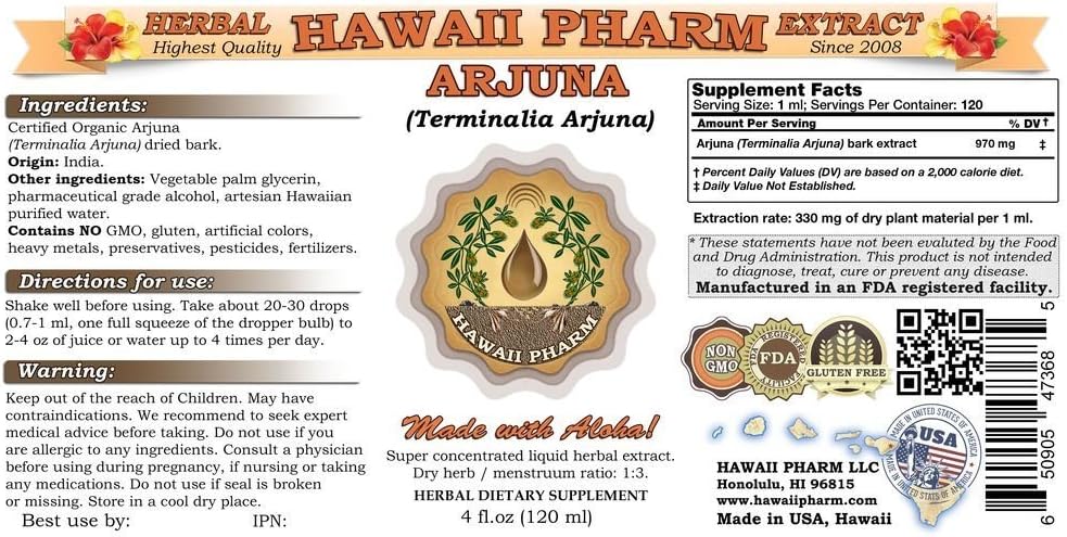 Hawaii Pharm Arjuna Liquid Extract, Arjuna (Terminalia Arjuna) Dried Bark Powder Tincture Herbal Supplement 4 oz