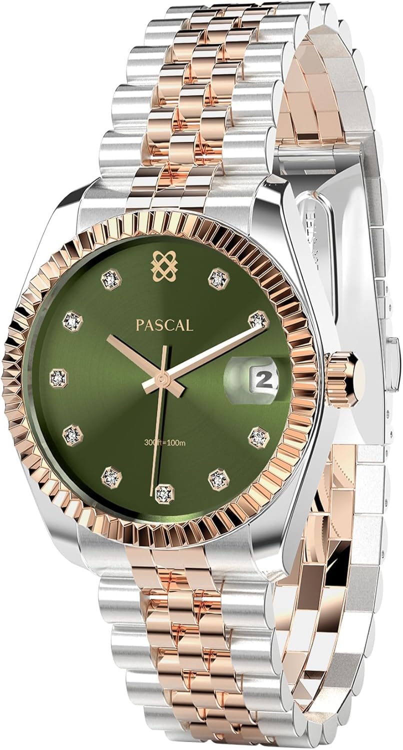 PASCAL Diamond Quartz Wrist Watches, Watches for Men with Adjustable Bracelet, Crystal Accented, 300 Feet Waterfproof, 36mm Stainless Teel Case PASCAL Diamond Quartz Wrist Watches, Watches for Men with Adjustable Bracelet, Crystal Accented, 300 Feet Waterfproof, 36mm Stainless Teel Case