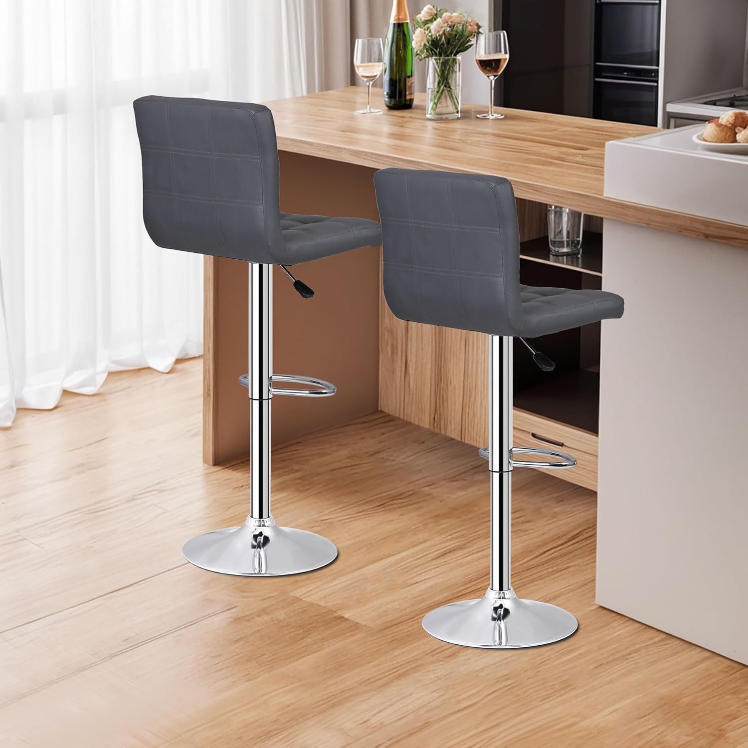 SUPER DEAL Bar Stools Set of 4 for Kitchen Island, Modern PU Leather Swivel Adjustable with Square Back Counter Height Swivel Bar Stools (4, Grey)