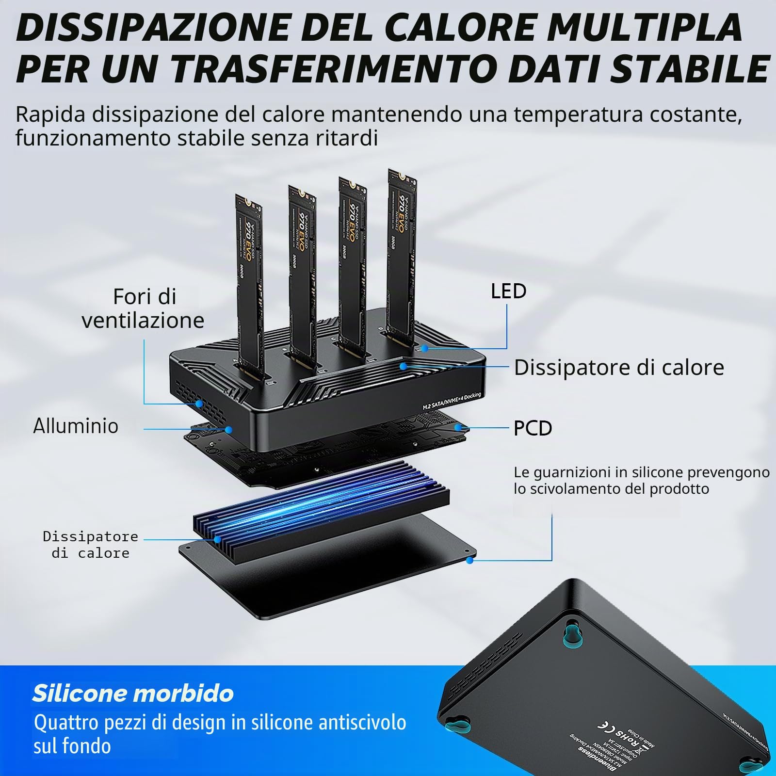 Docking Station M.2 NVME SATA SSD USB 3.2 Gen 2 10Gbps, 4 Bay | M-Key B+M Key, 2230 2242 2260 2280 SSD, Adattatore in alluminio