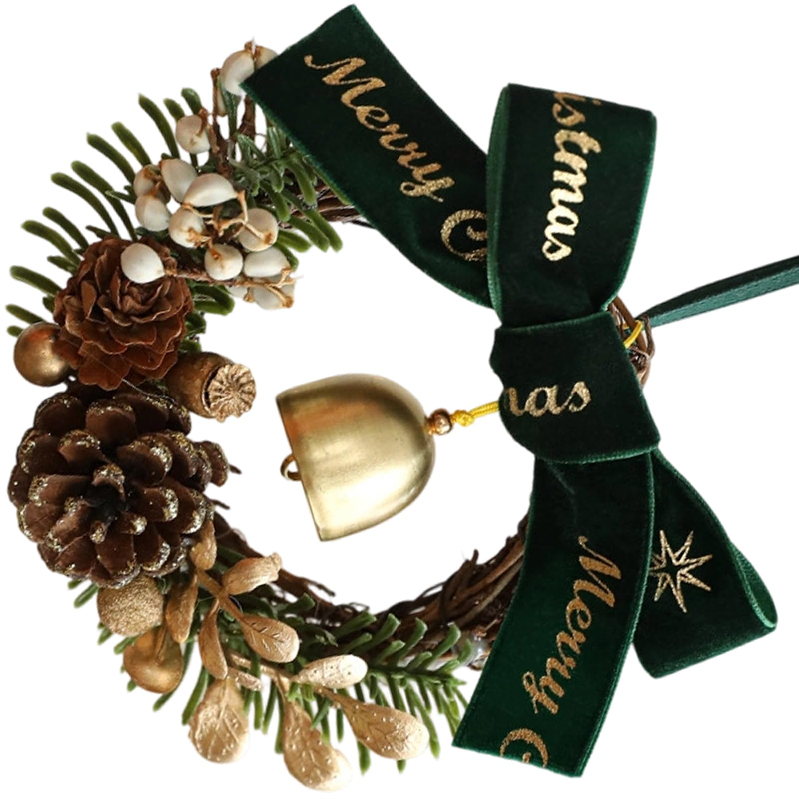 KAQNTUD Elegant Miniature Christmas Wreath with Idyllic Pine Cones Golden Bell and Velvet Bow Christmas Decoration for Indoor and Outdoor Christmas Gift Ideas Festival