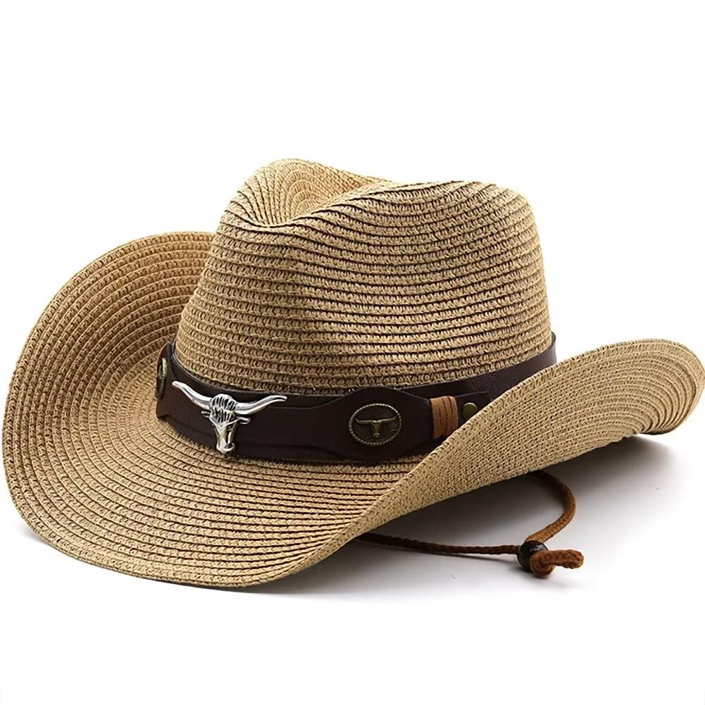 Plancholo Men's Khaki Straw Cowboy Hat Beach Sun Hat Wide Brim Panama Fedora Hat Outdoor Summer Straw Hat For Wo