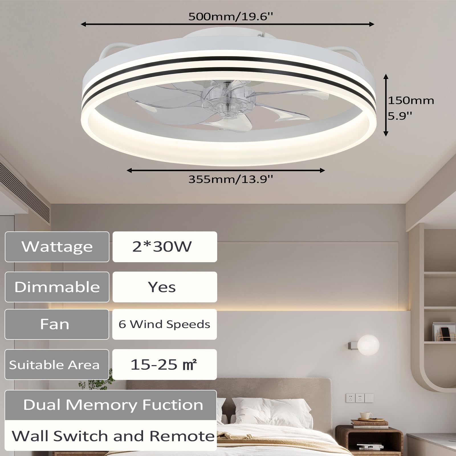 Ventilatore Da Soffitto Con Luce E Telecomando Cainjiazh - Design Basso Profilo Per Interni Ed Esterni Ventilatore Camera Da Letto