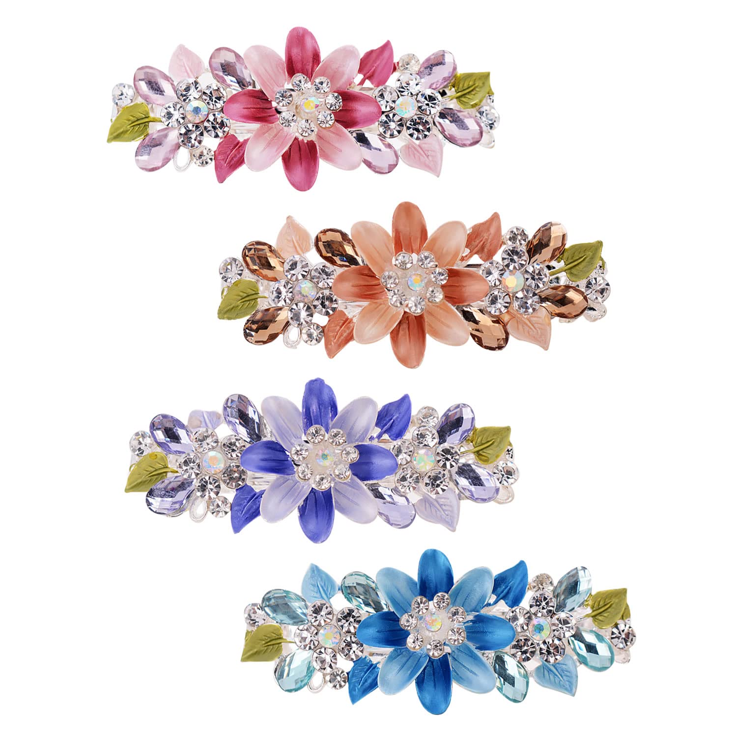 inSowni 4 Pack Glitter Sparkly Gems Crystal Rhinestones Flower Metal French Barrettes Floral Alligator Snap Hair Clips Accessories for Women Girls