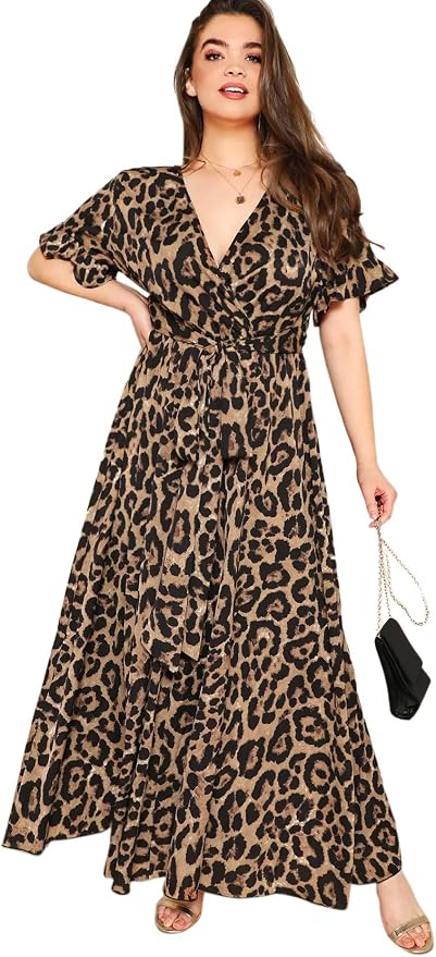 Amazon.com: SheIn - Vestido largo con cuello en V profundo y manga con  volantes y cintura con lazo y estampado de leopardo : Ropa, Zapatos y  Joyería