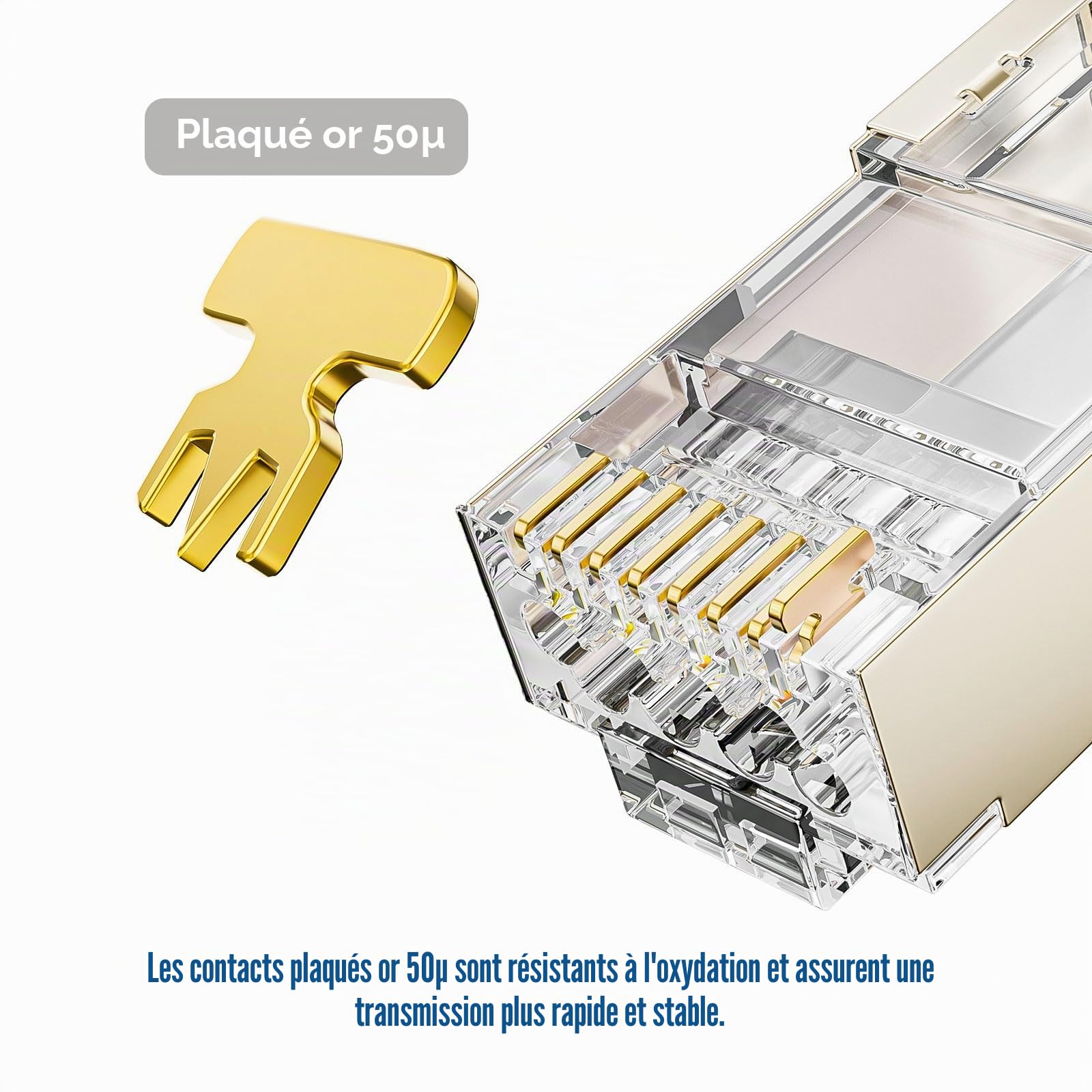 FGB Lot de 100 connecteurs RJ45 CAT 7 CAT 6A 10 Gbps - Connecteurs réseau Pass-Through et blindés - Plaqué or 50 μ - Fiche LAN pour câble de pose AWG23 POE