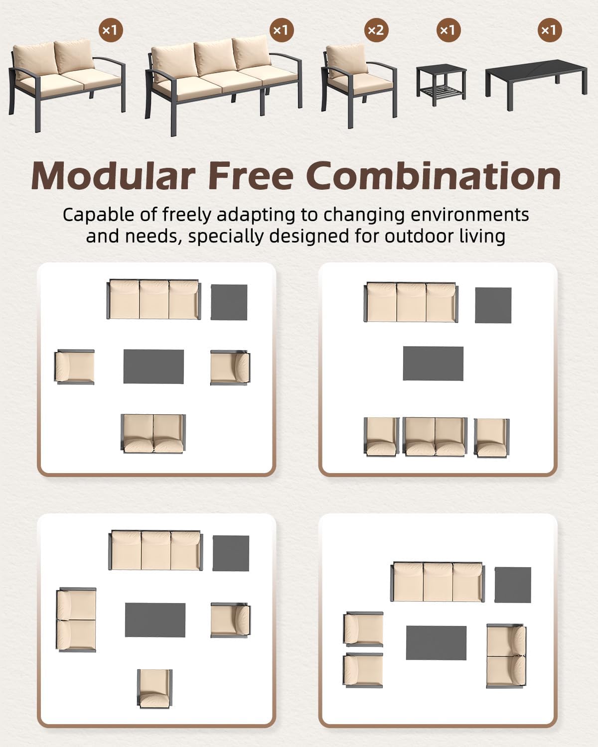 U-MAX Aluminum Patio Furniture Set 7 Seats, Modern Outdoor Furniture Clearance with Coffee Table & Side Table, Metal Patio Conversation Sets with Deep Cushions for Lawn, Garden, Porch, Beige
