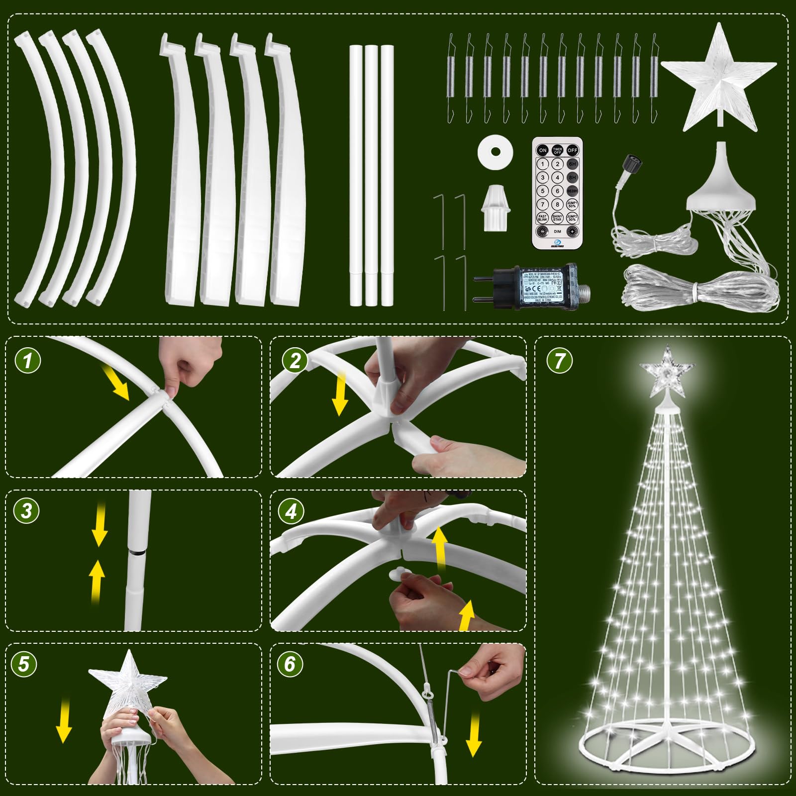 HELESIN Arbre de Noël en Forme de Cône en Métal, 154 LED 12 Modes, Minuterie Guirlande Lumineuse D'extérieur, LED Éclairage de Sapin Décoration de Noël pour Cour, Salon Jardin (Blanc avec Support)