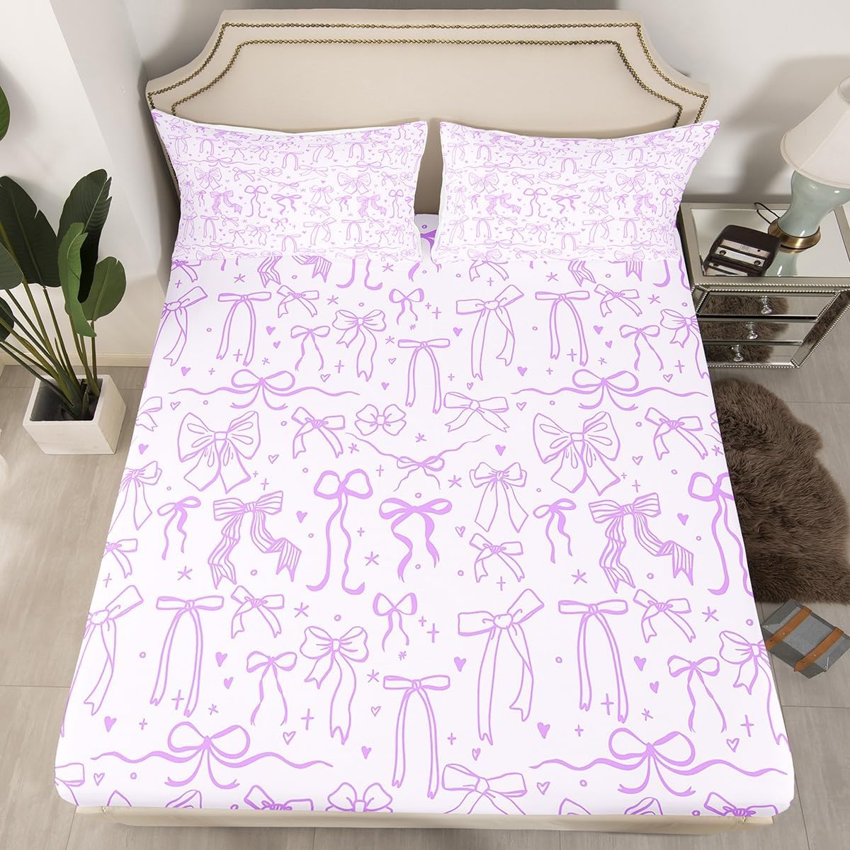 Cartoon Bowknot Kids Bedding Set Queen Size,Purple Bow Tie Bed Sheet 4Pcs,Butterfly Knot Princess Girls Fitted Sheet for Teens Woman,Bow Stars Love Sweet Girly Top Flat Sheet,2 Pillowcases