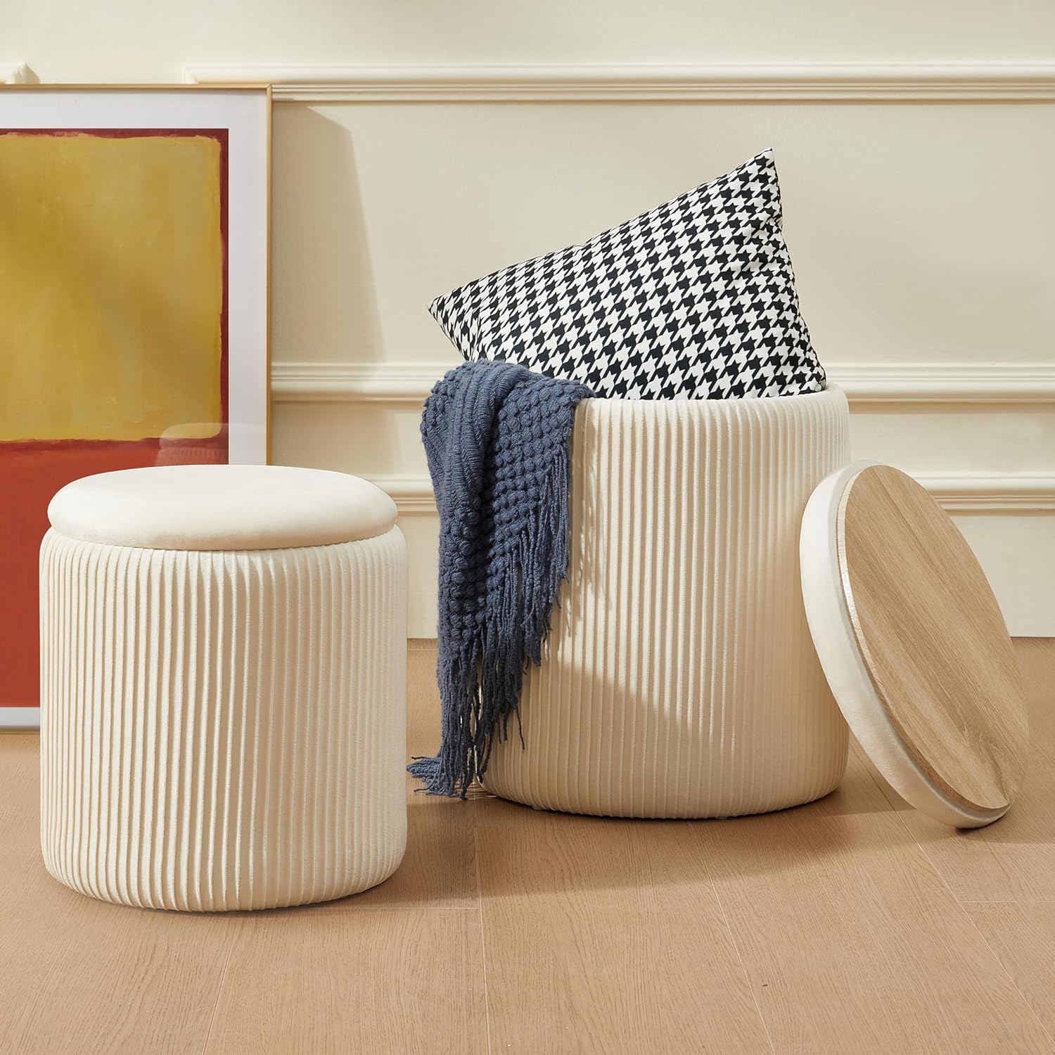 The Artment your artistic apartment Mono Duo Storage Ottomans Set of 2, Round Velvet Foot Stool with Hidden Storage, Ribbed Upholstered Vanity Seat, Modern Nesting Ottoman for Living Room, Bedroom-image-20