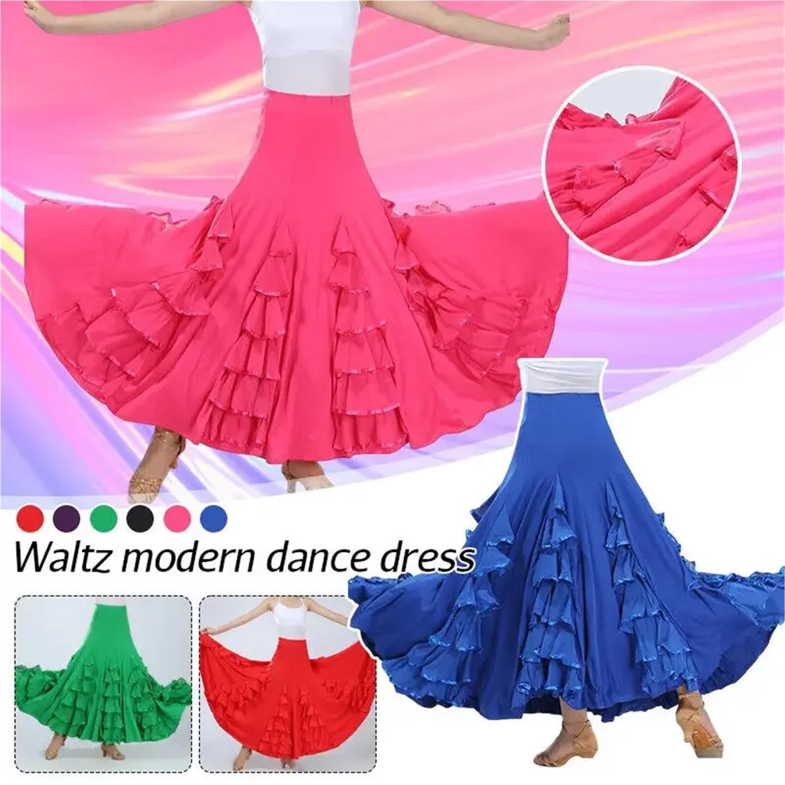 Falda Flamenca Mujer Vestido español de 360 ​​Grados for Mujer, Gran Swing, clásico, Gitano, vals, práctica de Baile, Ropa de Escenario, Traje de Baile de actuación(Color 19)