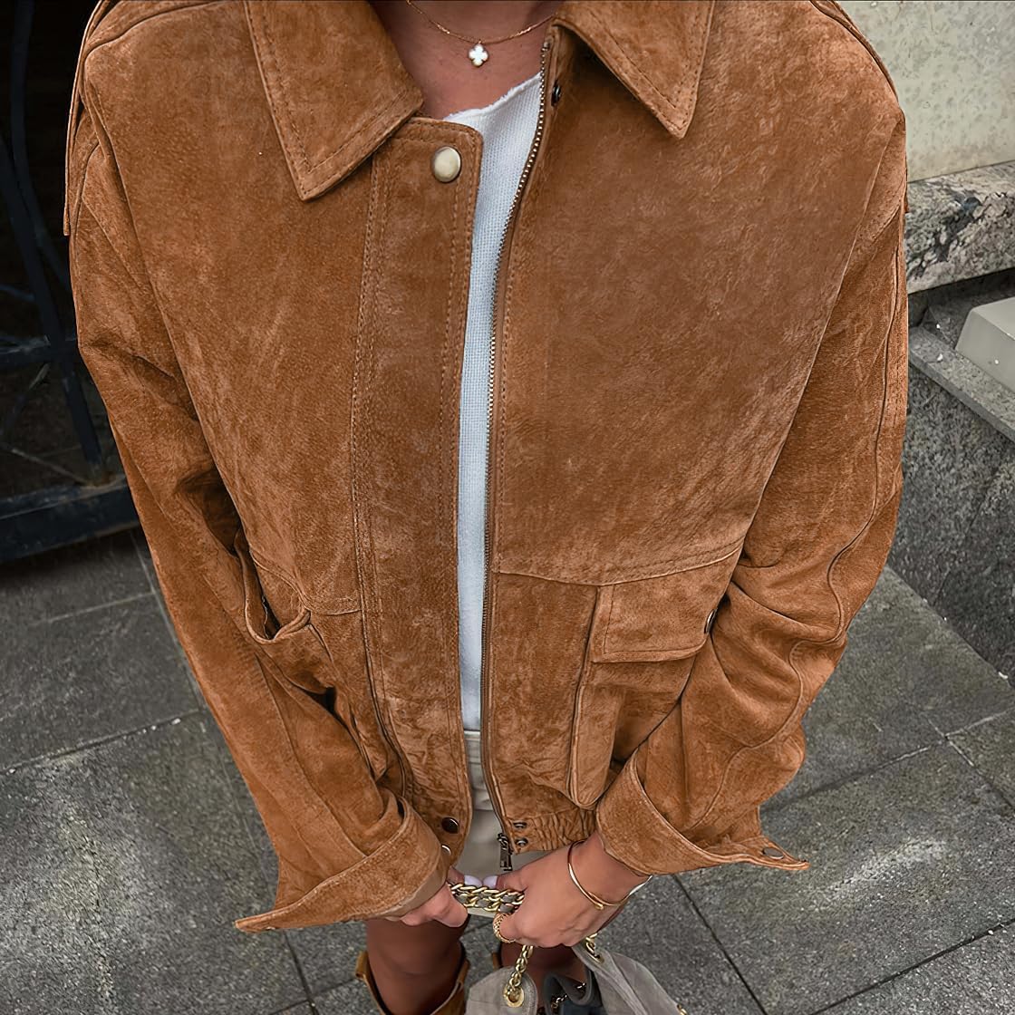 chouyatou Women Vintage Faux Suede Jacket Zip Up Bomber Jacket Lapel Collar Cropped Biker Moto Jacket Coat - Image 4