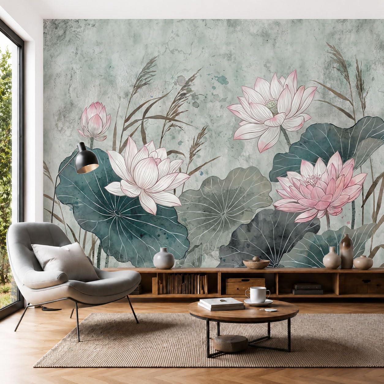 Papier peint panoramique zen pour salon moderne, tapisserie feuilles de nénuphar vert 200x140 cm