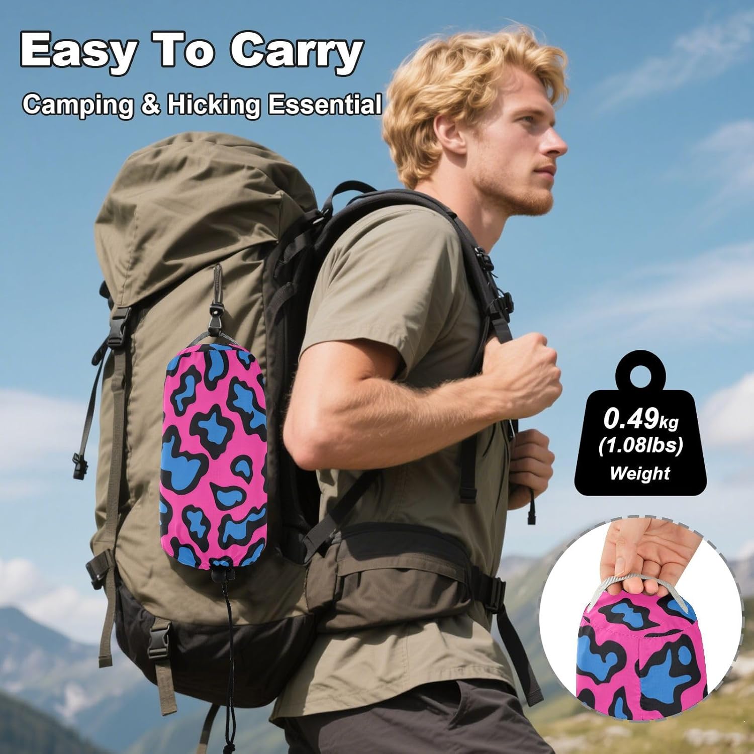 ALAZA Pink & Blue Leopard Print Cheetah Camping Hammocks Single or 2 Person 500 lbs Portable Parachute Travel Hammock w/Tree Straps for Hiking Backpacking Indoor Outdoor