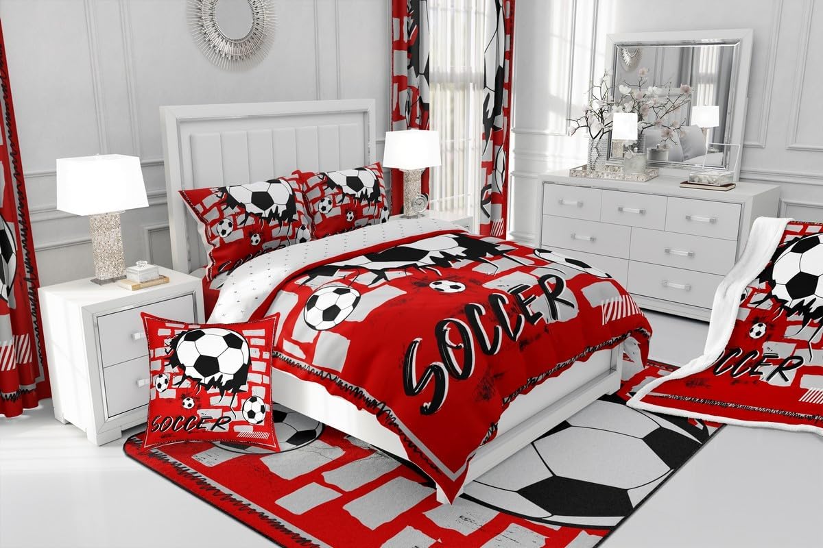 Feelyou Ball Sports Comforter Set Queen,Football Soccer Bedding Set,Football Game Comforter Set,Soccer Ball Bedding Set,World Cup Black White Ball Bedding for Boys Kids Men,1 Quilt 2 Pillowcases