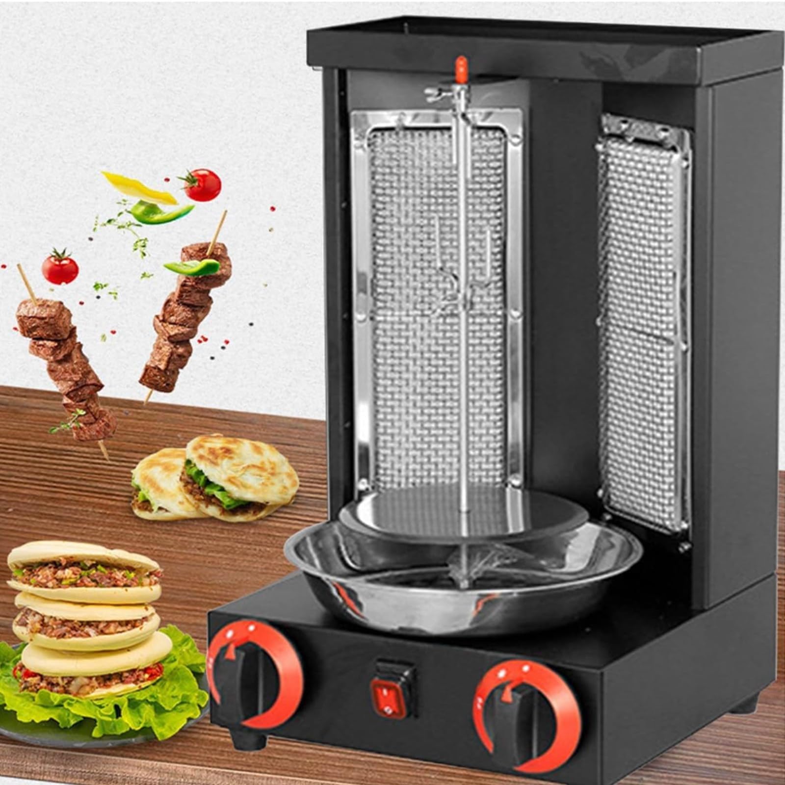 Grill do kebaba, gazowy, 3000 W, stal nierdzewna, pionowy grill z rozkładem temperatury 360°, żyroskop, szpikulec do kebaba, 2 palniki pionowe Shawarma Broiler Machine (czarny)
